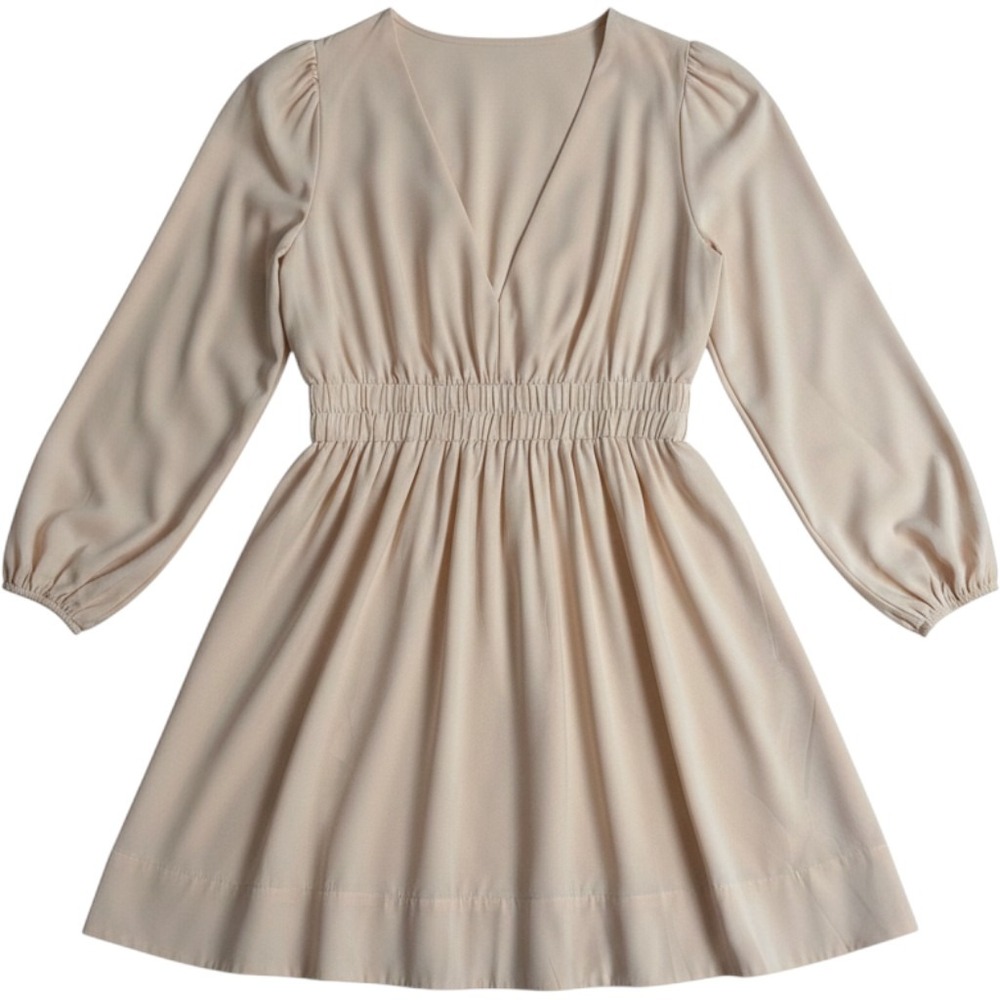 Coquette Long Sleeve V-Neck Soft Girl Smocked Waist Mini Dress Cream XL